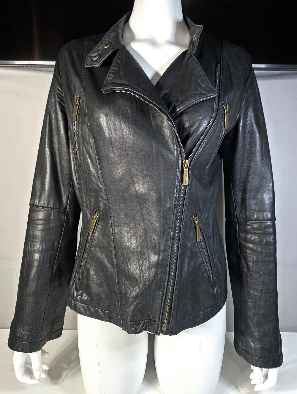 Michael Kors Vintage Black Leather Moto Jacket Size Medium